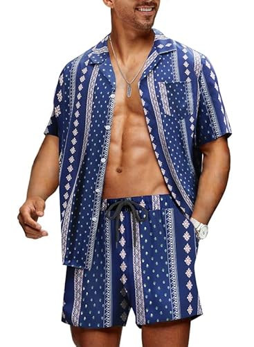 Meilicloth Hawaii Hemd Männer Hawaiihemd Herren Set Flamingo Blumenmuster Floral Kurzarm Sommer Shorts Herren Kurze Hose Herren Navy Blau L von Meilicloth