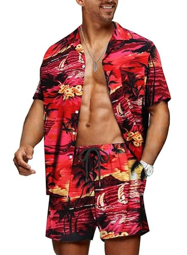 Meilicloth Hawaii Hemd Männer Hawaiihemd Herren Set Flamingo Blumenmuster Floral Kurzarm Sommer Shorts Herren Kurze Hose Herren Rot - Strand L von Meilicloth