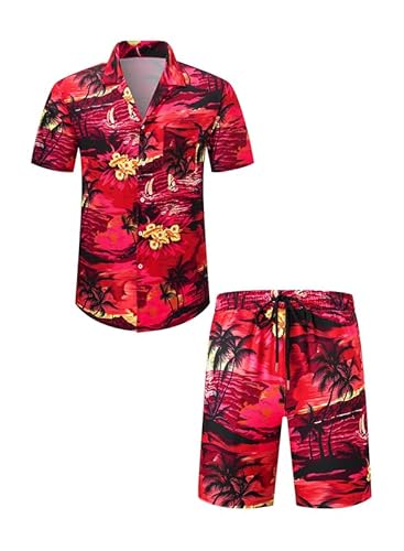 Meilicloth Hawaii Hemd Männer Hawaiihemd Herren Set Flamingo Blumenmuster Floral Kurzarm Sommer Shorts Herren Kurze Hose Herren Rot - Strand S von Meilicloth