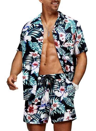 Meilicloth Hawaii Hemd Männer Hawaiihemd Herren Set Flamingo Blumenmuster Floral Kurzarm Sommer Shorts Herren Kurze Hose Herren Schwarz - Flamingo L von Meilicloth