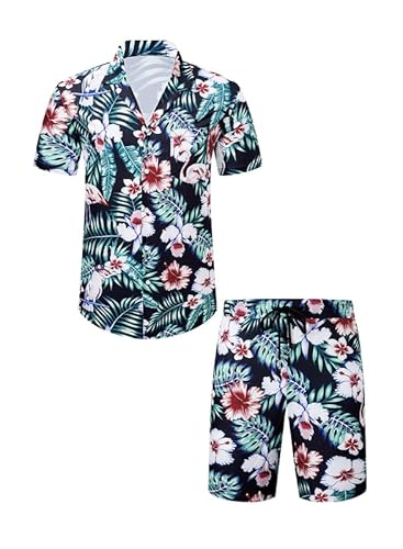 Meilicloth Hawaii Hemd Männer Hawaiihemd Herren Set Flamingo Blumenmuster Floral Kurzarm Sommer Shorts Herren Kurze Hose Herren Schwarz - Flamingo XL von Meilicloth