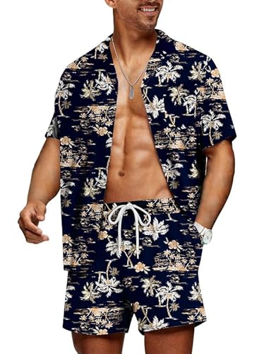 Meilicloth Hawaii Hemd Männer Hawaiihemd Herren Set Flamingo Blumenmuster Floral Kurzarm Sommer Shorts Herren Kurze Hose Herren Schwarz M von Meilicloth