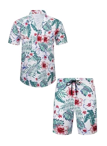 Meilicloth Hawaii Hemd Männer Hawaiihemd Herren Set Flamingo Blumenmuster Floral Kurzarm Sommer Shorts Herren Kurze Hose Herren Weiß - Flamingo XXL von Meilicloth