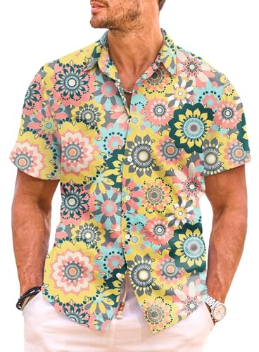 Meilicloth Hippie Hemd Herren Kurzarm 70er Jahre Hemden Sommer Blumen Floral Hawaiihemd Freizeithemd Kurz Party Disco Paisley Urlaub Strand Hawaii Shirt Faltenfrei Regular Fit A Beige XXL von Meilicloth