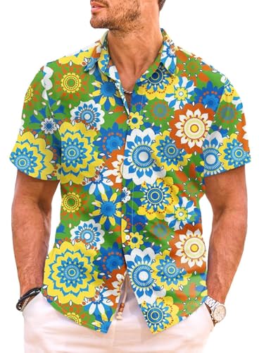 Meilicloth Hawaiihemd Herren Hippie Hemd Kurzarm Sommer 70er Jahre Hemden Blumen Floral Freizeithemd Kurz Party Disco Paisley Urlaub Strand Hawaii Shirt Faltenfrei Regular Fit A Grün XL von Meilicloth