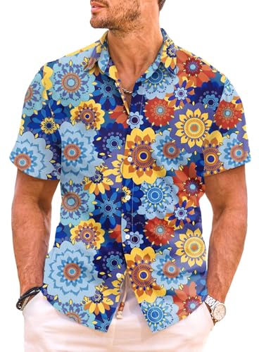 Meilicloth Hawaii Hemd Männer Hippie Hemd Herren Kurzarm Sommer Blumen Freizeithemd Kurzarmhemd 70er Jahre Hemden Party Disco Unisex Urlaub Strand Shirt Sommerhemd Regular Fit A Himmelblau L von Meilicloth