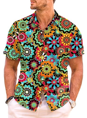 Meilicloth Hawaii Hemd Männer Hippie Hemd Herren Kurzarm Sommer Blumen Freizeithemd Kurzarmhemd 70er Jahre Hemden Party Disco Unisex Urlaub Strand Shirt Sommerhemd Regular Fit A Schwarz L von Meilicloth