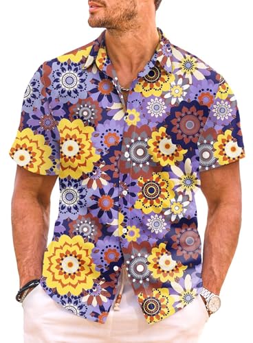 Meilicloth Hawaiihemd Herren Hippie Hemd Kurzarm Sommer 70er Jahre Hemden Blumen Floral Freizeithemd Kurz Party Disco Paisley Urlaub Strand Hawaii Shirt Faltenfrei Regular Fit A Violett M von Meilicloth