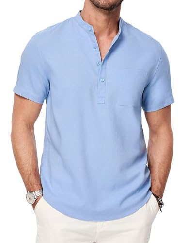 Meilicloth Hawaii Hemd Männer Herren Hemd Kurzarm Henley Sommerhemd Regular Fit Freizeithemd Casual mit Taschen B Blau 2XL von Meilicloth