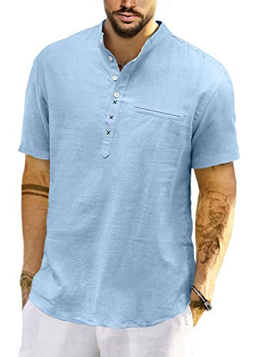 Meilicloth Herren Baumwolle Leinenhemd Herren Hemd Kurzarm Henley Sommerhemd Regular Fit Freizeithemd Casual mit Taschen Blau 2XL von Meilicloth