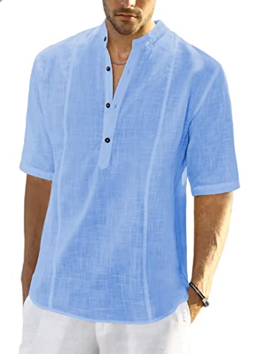 Meilicloth Herren Baumwolle Leinenhemd Herren Hemd Kurzarm Henley Sommerhemd Regular Fit Freizeithemd Casual mit Taschen Blau 2XL von Meilicloth