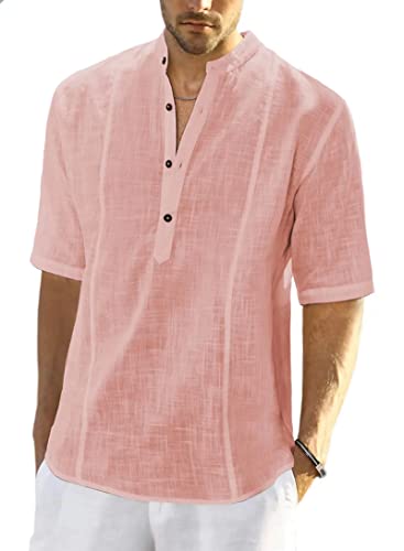 Meilicloth Herren Baumwolle Leinenhemd Herren Hemd Kurzarm Henley Sommerhemd Regular Fit Freizeithemd Casual mit Taschen Rosa XL von Meilicloth