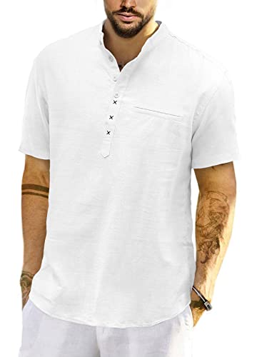 Meilicloth Herren Baumwolle Leinenhemd Herren Hemd Kurzarm Henley Sommerhemd Regular Fit Freizeithemd Casual mit Taschen Weiß L von Meilicloth