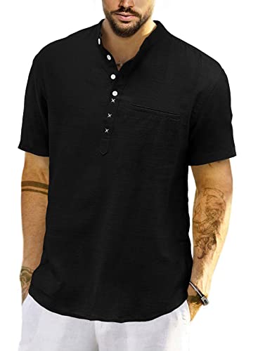 Meilicloth Herren Baumwolle Leinenhemd Herren Hemd Kurzarm Henley Sommerhemd Regular Fit Freizeithemd Casual mit Taschen Schwarz L von Meilicloth