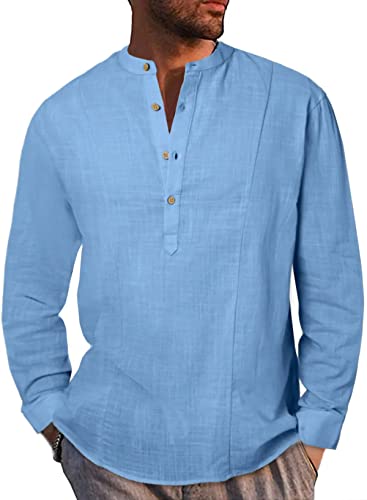 Meilicloth Hemd Herren Henley Shirt Baumwolle Frühling Sommer Langarm T-Shirts Freizeithemd Regular Fit Casual Blau L von Meilicloth