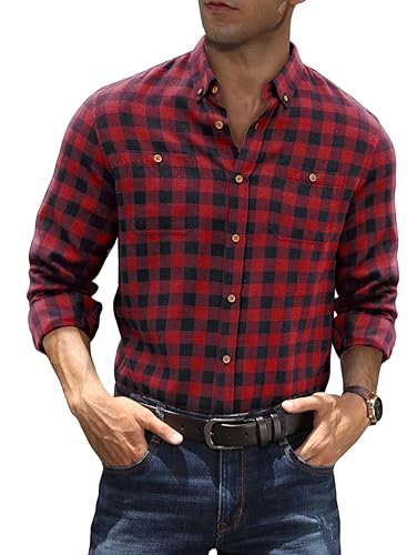 Meilicloth Kariertes Hemd Herren Flanellhemd Langarm Trachtenhemd Freizeithemd Oktoberfest Hemd Karohemd Holzfällerhemd Herren Button Down Arbeitshemd Regular Fit Rot XXL von Meilicloth