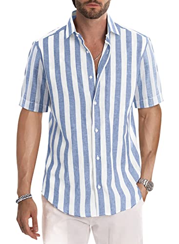 Meilicloth Gestreiftes Hemd Herren Kurzarm Freizeithemd Sommer Casual Regular Fit Himmelblau Weiß XXL von Meilicloth