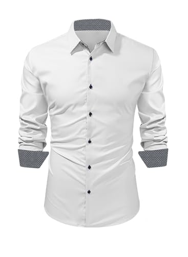 Meilicloth Hemd Herren Slim Fit Weisse Hemden Langarm Herrenhemden Freizeithemd Businesshemd Formale Elastiscer Frackhemden Musterhemd Paisley-Hemden Klassischer Kragen B Weiß S von Meilicloth