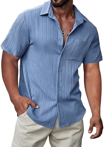 Meilicloth Hemd Kurzarm Hawaiihemd Männer Freizeithemd Kuba-Kragen Sommerhemd Casual Hawaii Hemden Beach Strand Shirts mit Brusttasche Azur Blau M von Meilicloth
