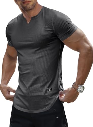 Meilicloth Herren Basic T-Shirt V-Ausschnitt Slim Fit Shirt Sportshirt Fitness Baumwollshirt Sommershirt V-Ausschnitt Hellgrau M von Meilicloth