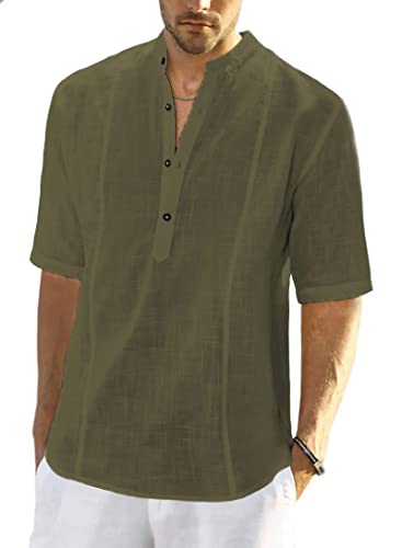 Meilicloth Herren Baumwolle Leinenhemd Herren Hemd Kurzarm Henley Sommerhemd Regular Fit Freizeithemd Casual mit Taschen Grün XL von Meilicloth