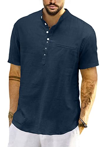 Meilicloth Herren Baumwolle Leinenhemd Herren Hemd Kurzarm Henley Sommerhemd Regular Fit Freizeithemd Casual mit Taschen Navy blau M von Meilicloth