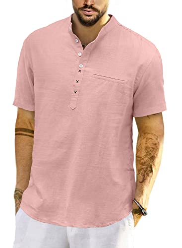 Meilicloth Herren Baumwolle Leinenhemd Herren Hemd Kurzarm Henley Sommerhemd Regular Fit Freizeithemd Casual mit Taschen Rosa 2XL von Meilicloth