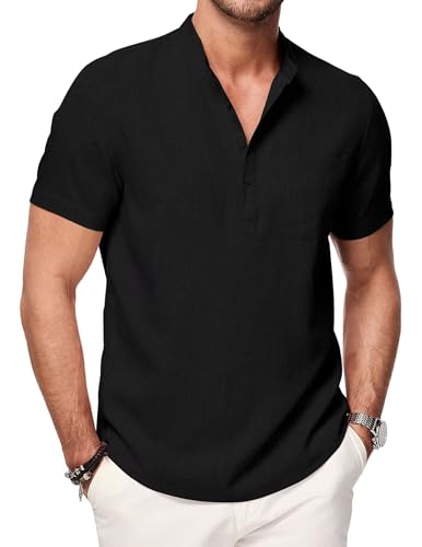 Meilicloth Herren Hemd Kurzarm Henley Sommerhemd Hawaii Hemd Männer Regular Fit Freizeithemd Casual mit Taschen Schwarz L von Meilicloth