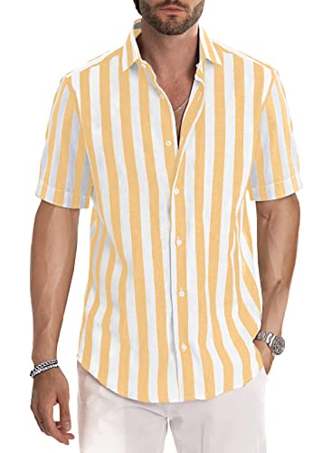 Meilicloth Gestreiftes Hemd Herren Kurzarm Freizeithemd Sommer Casual Regular Fit Gelb Weiß XL von Meilicloth