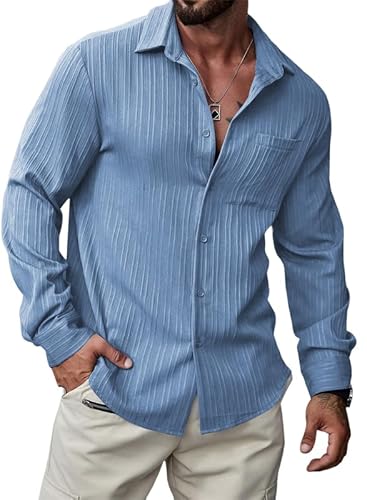 Meilicloth Herren Hemd Langarm Freizeithemd Regular Fit Oberhemd Button Down Hemd mit Brusttasche Einfarbig Blau 2XL von Meilicloth