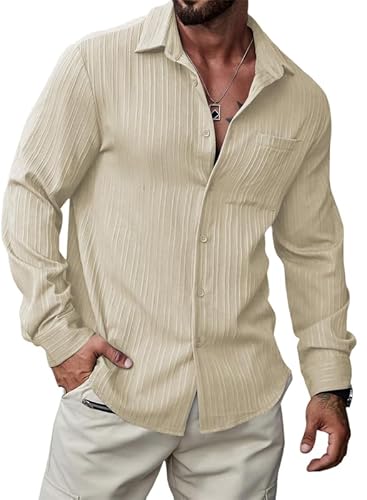 Meilicloth Herren Hemd Langarm Freizeithemden Regular Fit mit Brusttasche Oberhemd Button Down Hemd Strand Leicht Einfarbig Apricot 2XL von Meilicloth