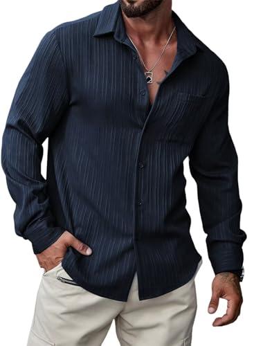 Meilicloth Herren Hemd Langarm Freizeithemden mit Brusttasche Sommer Hemden Strand Leicht Einfarbig Marineblau S von Meilicloth