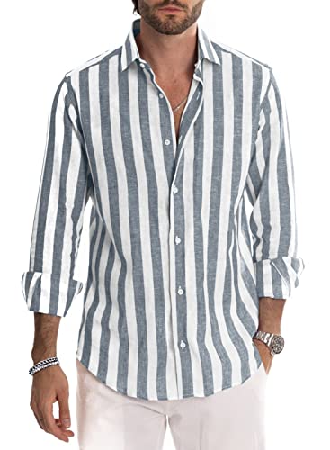 Meilicloth Herren Hemd Langarm Sommer Gestreifte Freizeithemden Casual mit Knöpfen Regular Fit Hellgrau Weiß 2X von Meilicloth