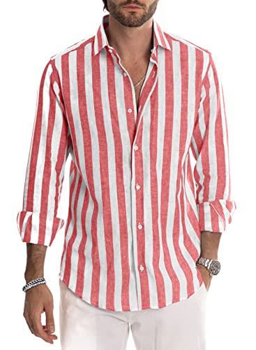 Meilicloth Herren Hemd Langarm Sommer Gestreifte Freizeithemden Casual mit Knöpfen Regular Fit Rot Weiß S von Meilicloth