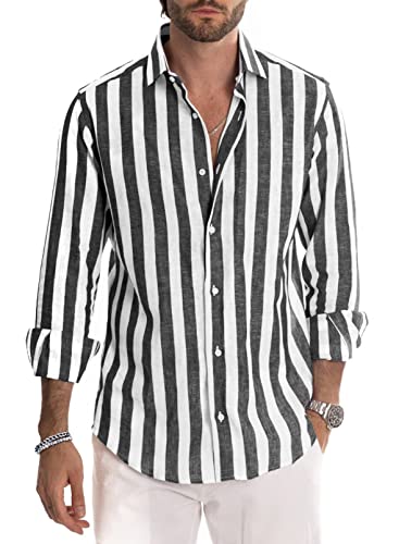 Meilicloth Herren Hemd Langarm Sommer Gestreifte Freizeithemden Casual mit Knöpfen Regular Fit Schwarzgrau Weiß XL von Meilicloth