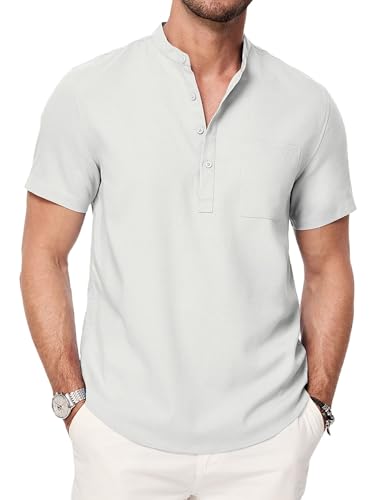 Meilicloth Herren Henley Hemd Kurzarm Sommerhemd Hawaii Hemd Männer Regular Fit Freizeithemd Casual mit Taschen Weiß L von Meilicloth