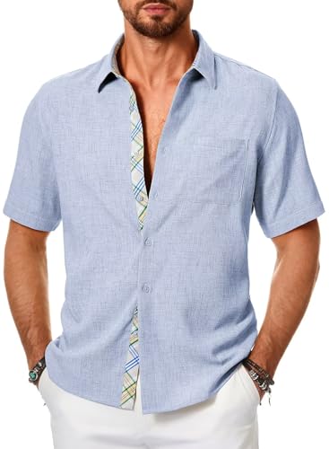Meilicloth Herren Leinenhemd Kurzarm Sommer Strandhemd Herren Sommerhemd Kurzarmhemd Freizeithemd Kurz Hawaii Hemd Männer Strand Shirt Leinen Herren Mode Regular fit A Blau L von Meilicloth