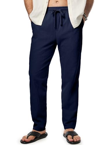 Meilicloth Herren Leinenhose Einfarbiges Lang Leicht Sommerhose Loose Fit Freizeithose mit Kordelzug Strand Alltag Grau 40 von Meilicloth