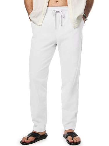 Meilicloth Herren Leinenhose Hosen Baumwolle Lang Leicht Sommerhose mit Kordelzug Strand Alltag Weiß 38 von Meilicloth