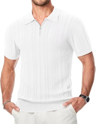 Meilicloth Herren Poloshirt mit Reißverschluss Sommer Kurzarm Strick Gestreiftes Polohem Weiß L von Meilicloth