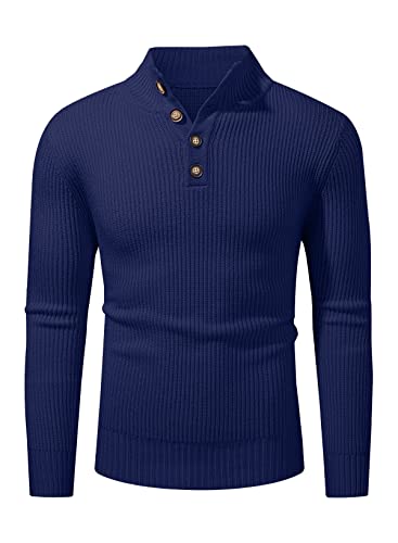 Meilicloth Herren Rollkragen Pullover Strickpullover Sweater Rollkragen Freizeit Slim fit Basic Männer Pullover 1/4 Knopf Blau S von Meilicloth