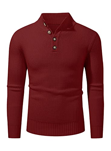 Meilicloth Herren Rollkragen Pullover Strickpullover Sweater Rollkragen Freizeit Slim fit Basic Männer Pullover 1/4 Knopf Rot L von Meilicloth