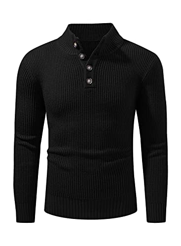 Meilicloth Herren Rollkragen Pullover Strickpullover Sweater Rollkragen Freizeit Slim fit Basic Männer Pullover 1/4 Knopf Schwarz XXL von Meilicloth