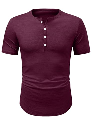 Meilicloth Herren Slim Fit T-Shirt V-Ausschnitt Muskelshirt Henley Shirt Sportlich Bequem Gym Freizeit Rot 2XL von Meilicloth