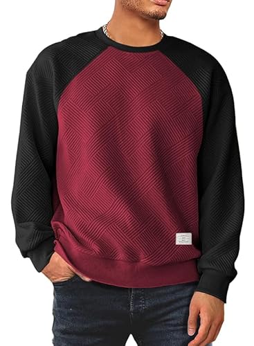 Meilicloth Herren Sweatshirt Raglan Sweat Langarm Crew Neck Casual Colourblock Pullover Burgundy L von Meilicloth