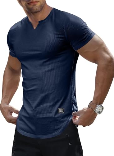 Meilicloth Herren Kurzarm Shirt Trainingsshirt T-Shirt Basic V-Ausschnitt Slim Fit Shirt Sportshirt Feuchtigkeitstransport Blau 3XL von Meilicloth