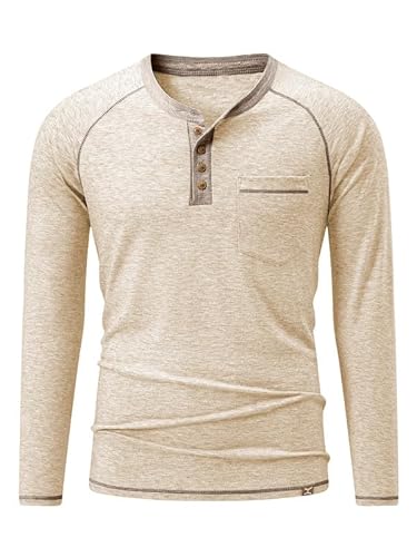 Meilicloth Herren T-Shirt Baumwolle Langarm Henley-Hemd Taste Knopfleiste mit Taschen Apricot XL von Meilicloth