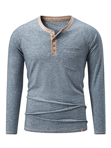 Meilicloth Herren T-Shirt Baumwolle Langarm Henley-Hemd Taste Knopfleiste mit Taschen Blau S von Meilicloth