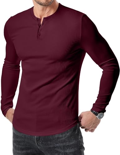 Meilicloth Herren T Shirt Langarm Heney Shirts Langarmshirt Baumwolle Burgunderrot 3XL von Meilicloth