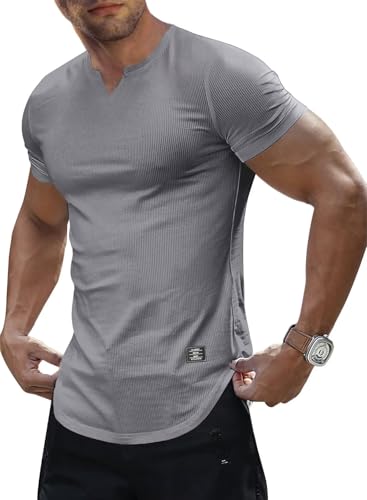 Meilicloth T Shirt Herren Grau Sportshirt V-Ausschnitt Herren Muskelshirt Kurzarm Basic Männer Oberteil Slim Fit T-Shirt L von Meilicloth